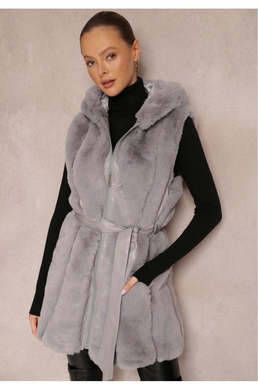 Vesta dama midi, din blana eco gri, cu gluga si cordon, Kanita 1 - jojofashion.ro