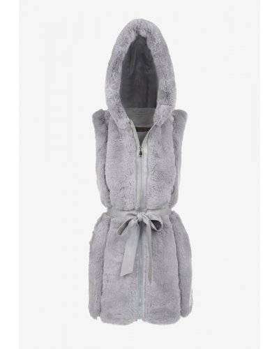 Vesta dama midi, din blana eco gri, cu gluga si cordon, Kanita Geci dama, Vesta dama midi, din blana eco gri, cu gluga si cordon, Kanita - jojofashion.ro