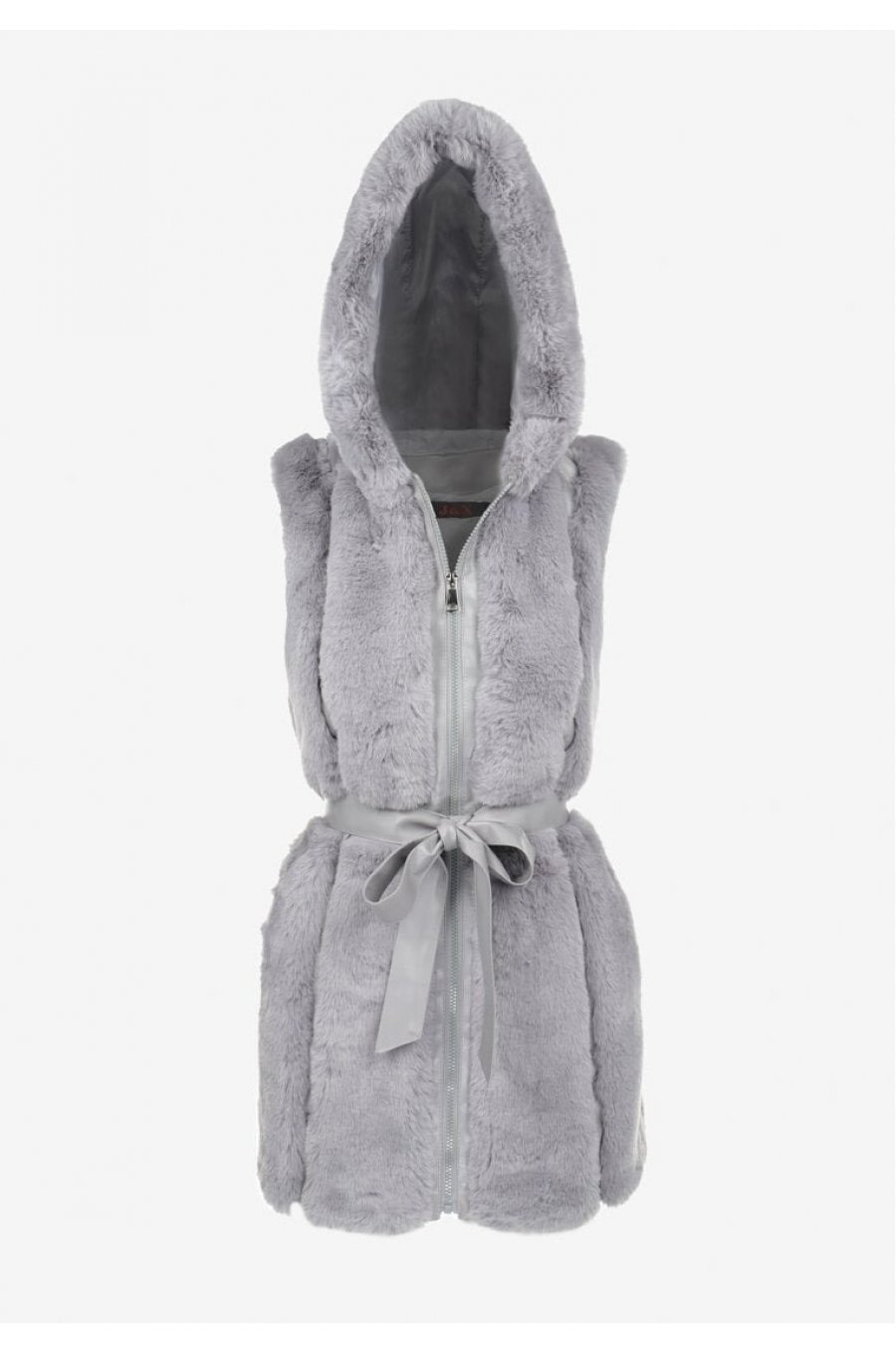 Vesta dama midi, din blana eco gri, cu gluga si cordon, Kanita 2 - jojofashion.ro