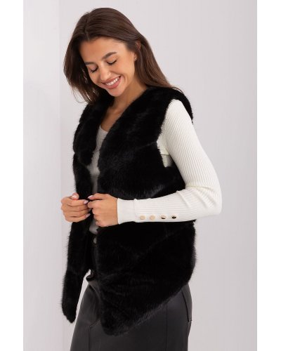 Vesta dama midi, din blana eco, neagra, asimetrica, Odette Veste dama, Vesta dama midi, din blana eco, neagra, asimetrica, Odette - jojofashion.ro
