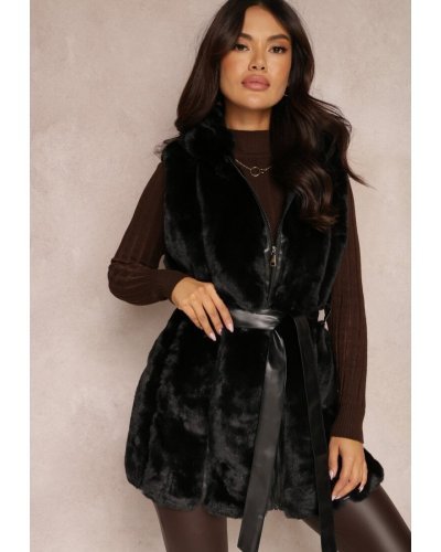 Vesta dama midi, din blana eco neagra, cu gluga si cordon, Kanita Veste dama, Vesta dama midi, din blana eco neagra, cu gluga si cordon, Kanita - jojofashion.ro