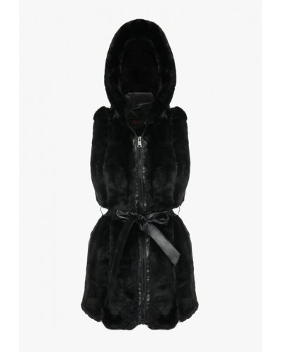 Vesta dama midi, din blana eco neagra, cu gluga si cordon, Kanita Veste dama, Vesta dama midi, din blana eco neagra, cu gluga si cordon, Kanita - jojofashion.ro
