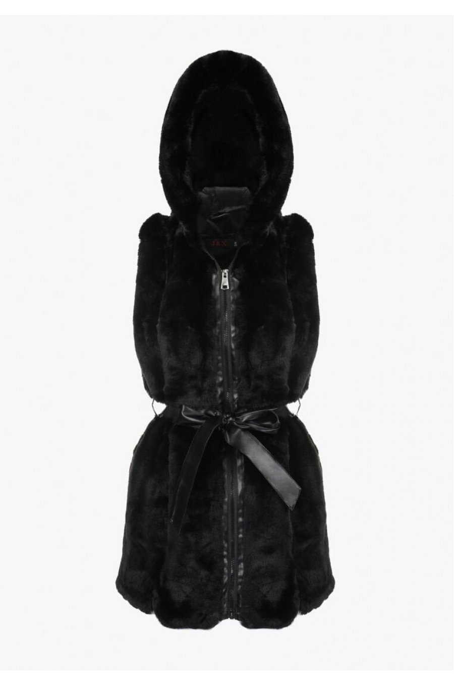 Vesta dama midi, din blana eco neagra, cu gluga si cordon, Kanita 2 - jojofashion.ro