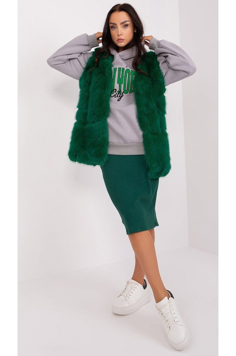Vesta dama midi, din blana eco, verde, Sacha1 Vesta dama midi, din blana eco, verde, Sacha1 1 - jojofashion.ro