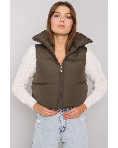 Vesta dama scurta, kaki, cu gluga ascunsa si guler inalt, Adelina Veste dama, Vesta dama scurta, kaki, cu gluga ascunsa si guler inalt, Adelina - jojofashion.ro