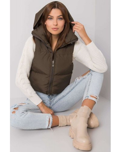 Vesta dama scurta, kaki, cu gluga ascunsa si guler inalt, Adelina Veste dama, Vesta dama scurta, kaki, cu gluga ascunsa si guler inalt, Adelina - jojofashion.ro