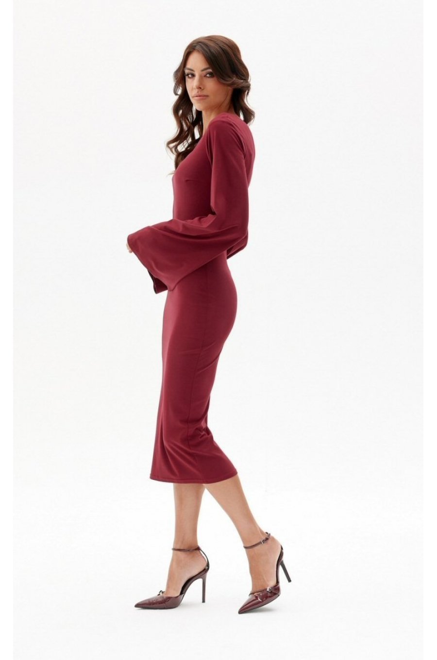 Rochie midi clasica din vascoza burgundy cu maneca lunga JanetR 2 - jojofashion.ro