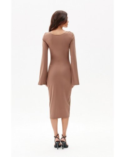 Rochie midi din vascoza cappuccino cu maneca lunga clasica JanetR Rochii de zi, Rochie midi din vascoza cappuccino cu maneca lunga clasica JanetR - jojofashion.ro