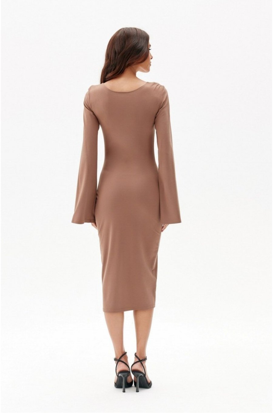 Rochie midi din vascoza cappuccino cu maneca lunga clasica JanetR 2 - jojofashion.ro