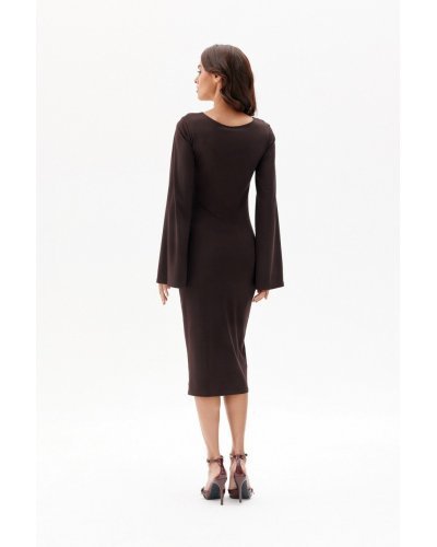 Rochie midi din vascoza maro cu maneca lunga clasica JanetR Rochii de zi, Rochie midi din vascoza maro cu maneca lunga clasica JanetR - jojofashion.ro