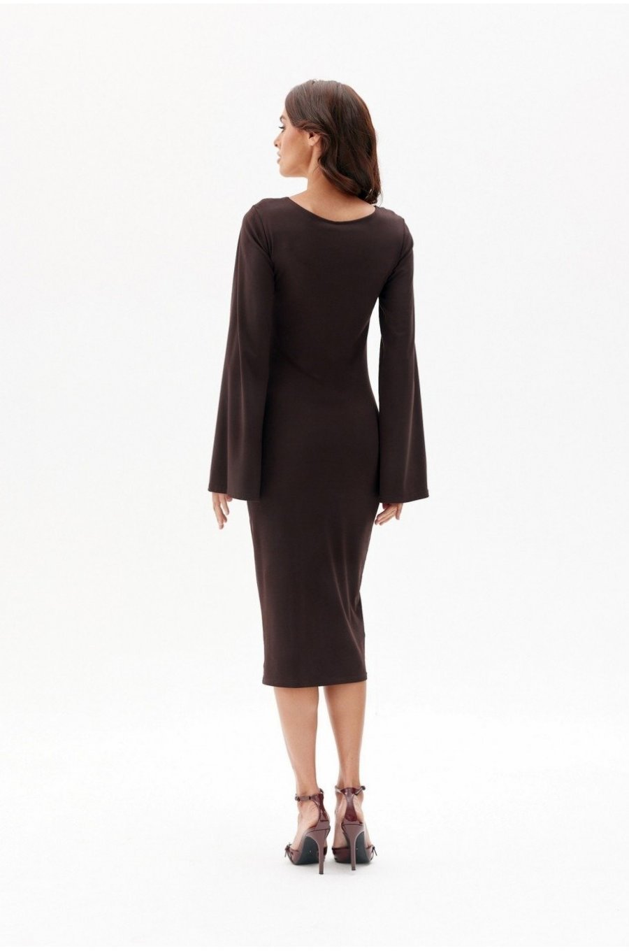 Rochie midi din vascoza maro cu maneca lunga clasica JanetR 2 - jojofashion.ro