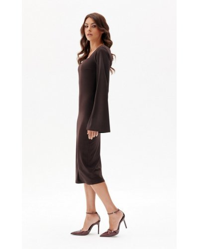 Rochie midi neagra din vascoza cu maneca lunga clasica JanetR Rochii de zi, Rochie midi neagra din vascoza cu maneca lunga clasica JanetR - jojofashion.ro