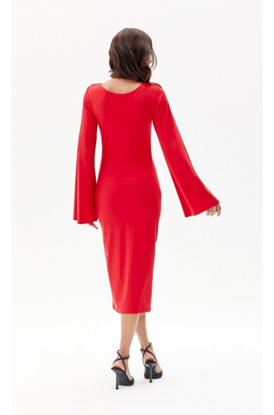 Rochie rosie clasica midi din vascoza cu maneca lunga JanetR 2 - jojofashion.ro