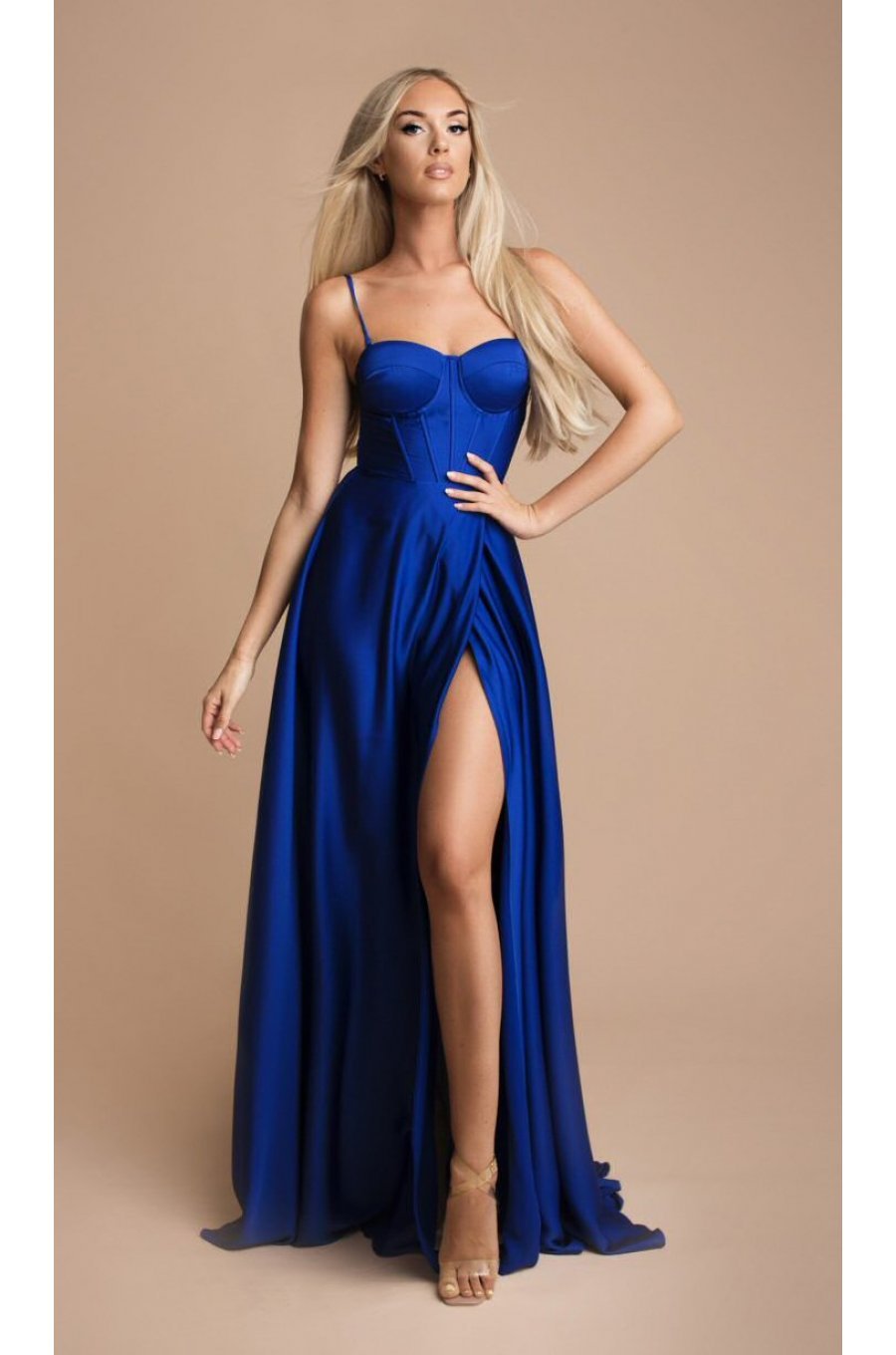 Rochie eleganta lunga, din satin, albastra, cu corset, in clos, EmmaY 1 - jojofashion.ro