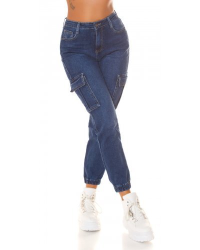 Blugi dama cargo albastri din bumbac mulati cu talia inalta Dollys Blugi dama, Blugi dama cargo albastri din bumbac mulati cu talia inalta Dollys - jojofashion.ro