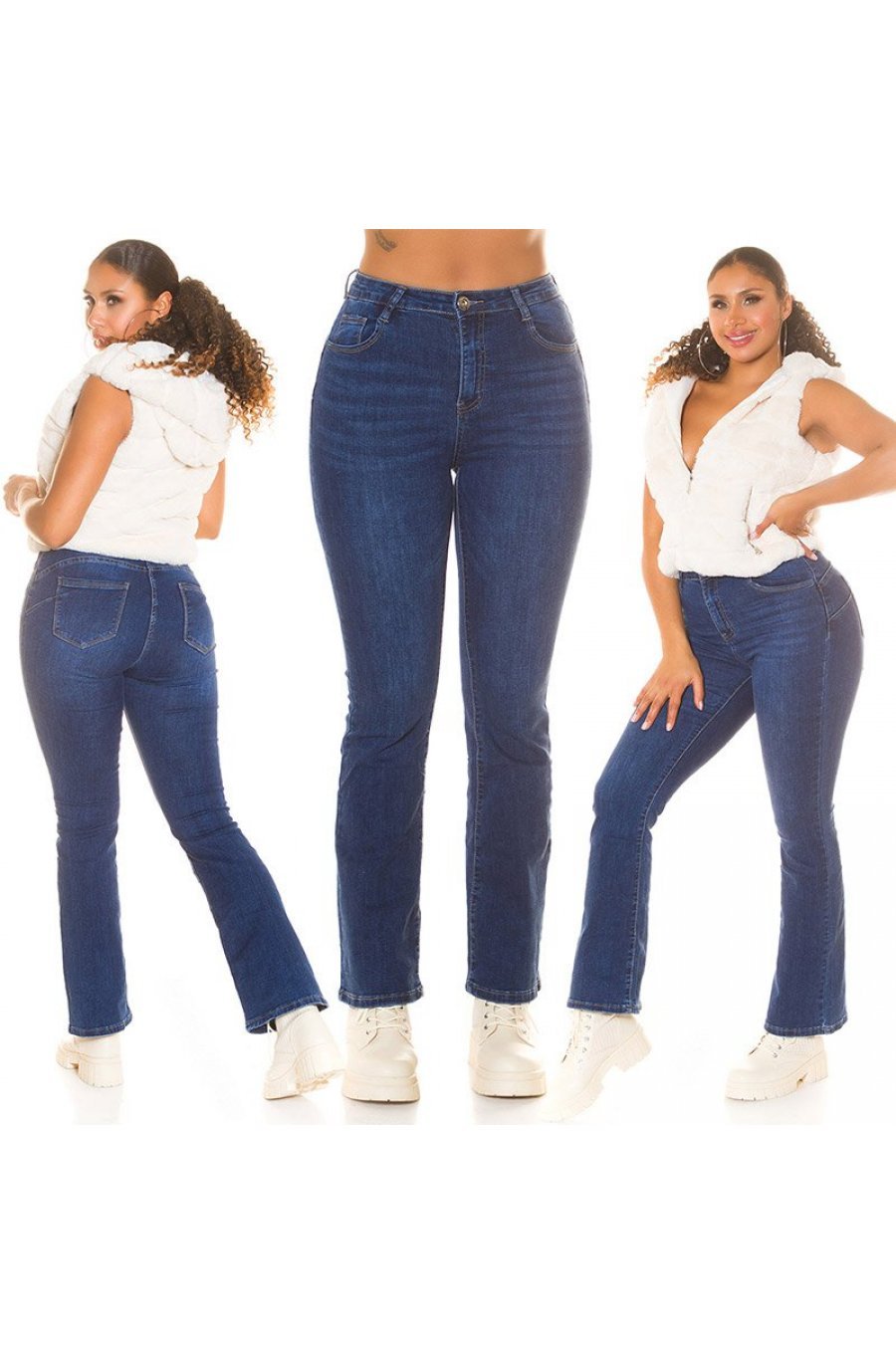 Blugi dama BootCut albastri, bumbac denim, cu talia inalta, Doumi 3 - jojofashion.ro