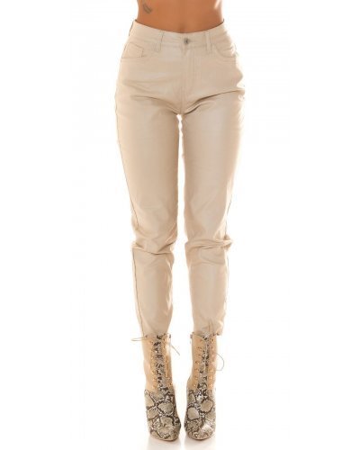 Blugi dama boyfriend, bej, cu aspect de piele, cu talia inalta, Millena - jojofashion.ro