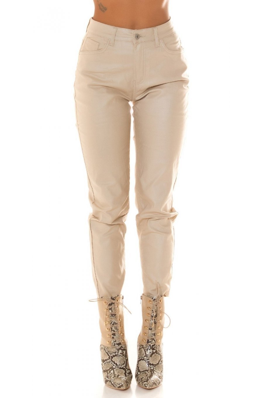 Blugi dama boyfriend, bej, cu aspect de piele, cu talia inalta, Millena 1 - jojofashion.ro