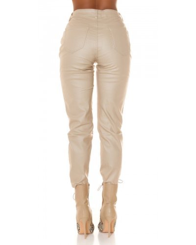 Blugi dama boyfriend, bej, cu aspect de piele, cu talia inalta, Millena - jojofashion.ro