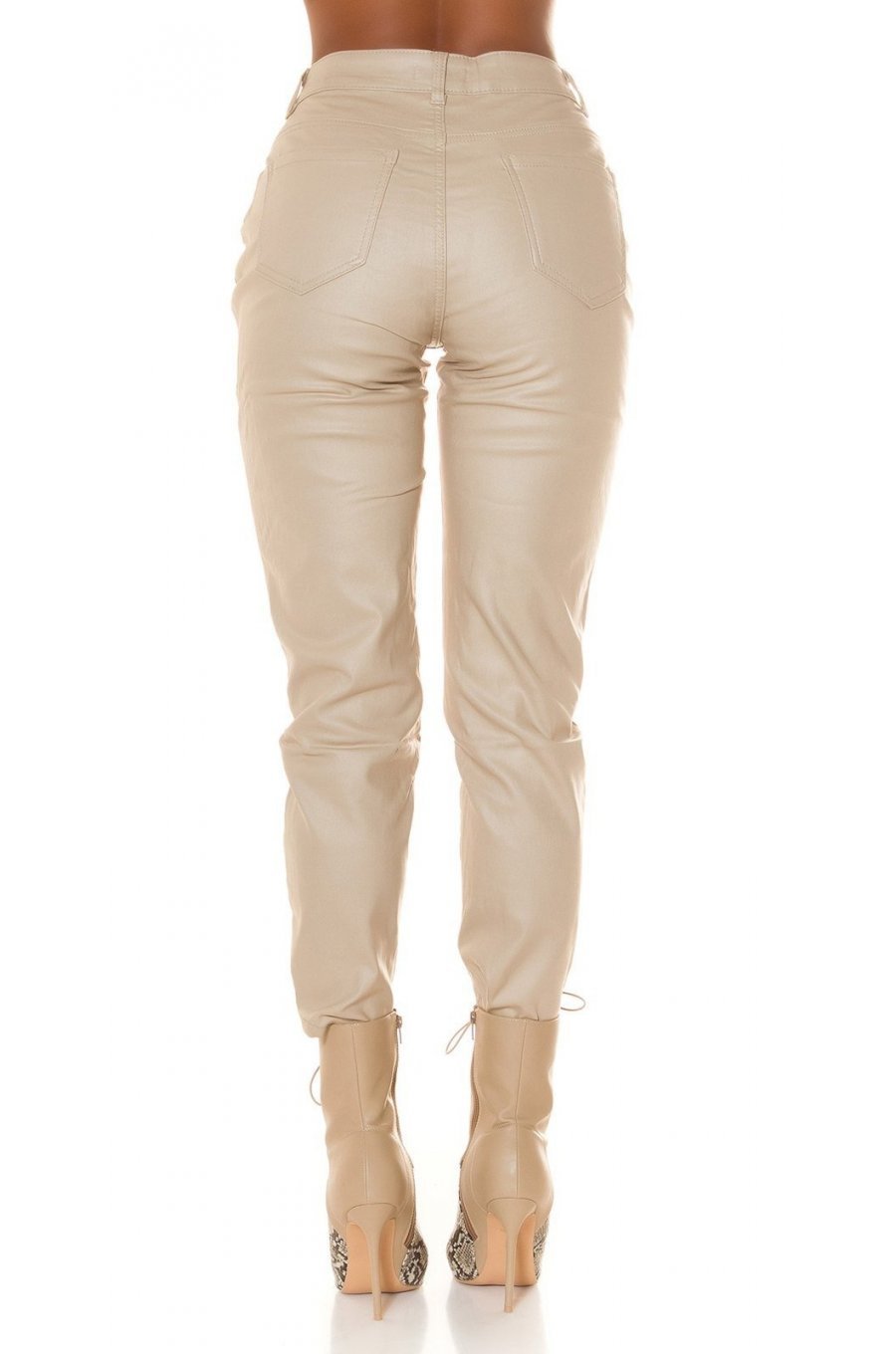 Blugi dama boyfriend, bej, cu aspect de piele, cu talia inalta, Millena 2 - jojofashion.ro