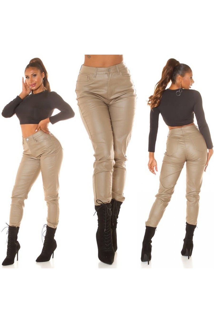 Blugi dama boyfriend, cappuccino, cu aspect de piele, cu talia inalta, Millena 8 - jojofashion.ro