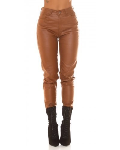 Blugi dama boyfriend, maro, cu aspect de piele, cu talia inalta, Millena - jojofashion.ro