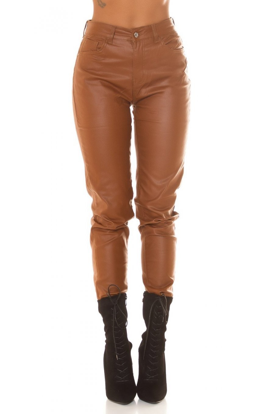 Blugi dama boyfriend, maro, cu aspect de piele, cu talia inalta, Millena 1 - jojofashion.ro