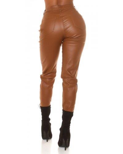 Blugi dama boyfriend, maro, cu aspect de piele, cu talia inalta, Millena - jojofashion.ro