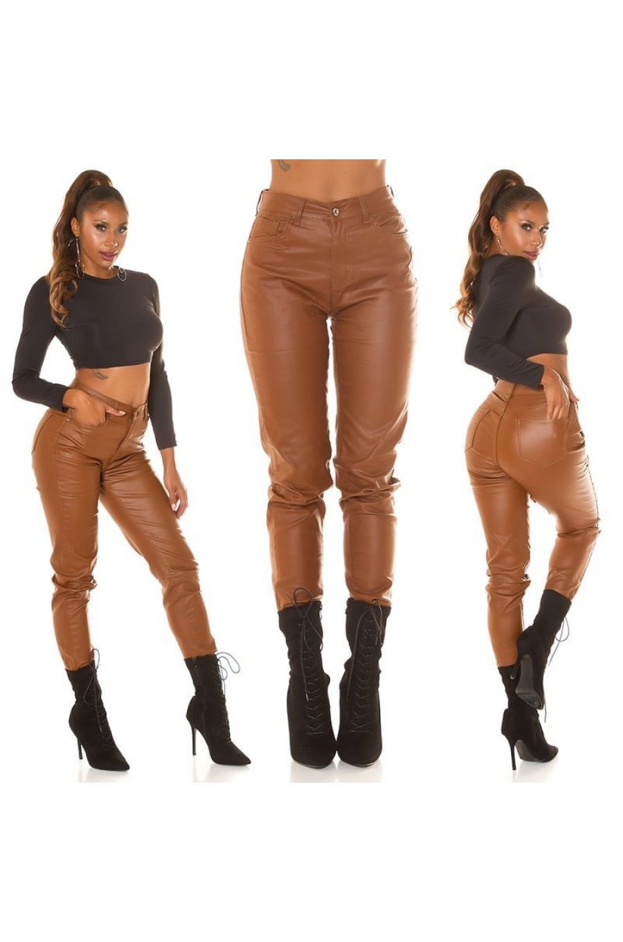 Blugi dama boyfriend, maro, cu aspect de piele, cu talia inalta, Millena 8 - jojofashion.ro