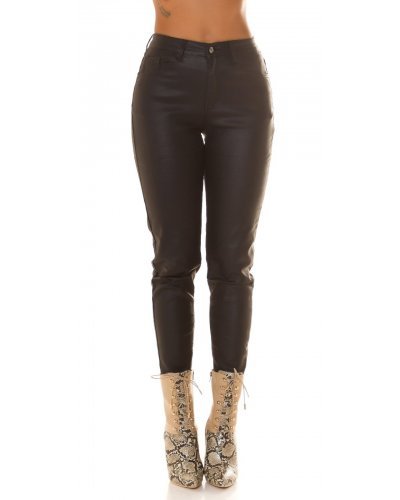 Blugi dama boyfriend, negri, cu aspect de piele, cu talia inalta, Millena - jojofashion.ro