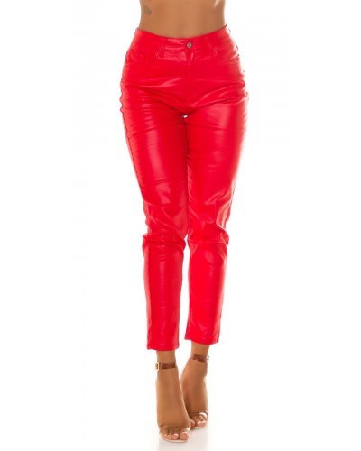 Blugi dama boyfriend, rosii, cu aspect de piele, cu talia inalta, Millena - jojofashion.ro