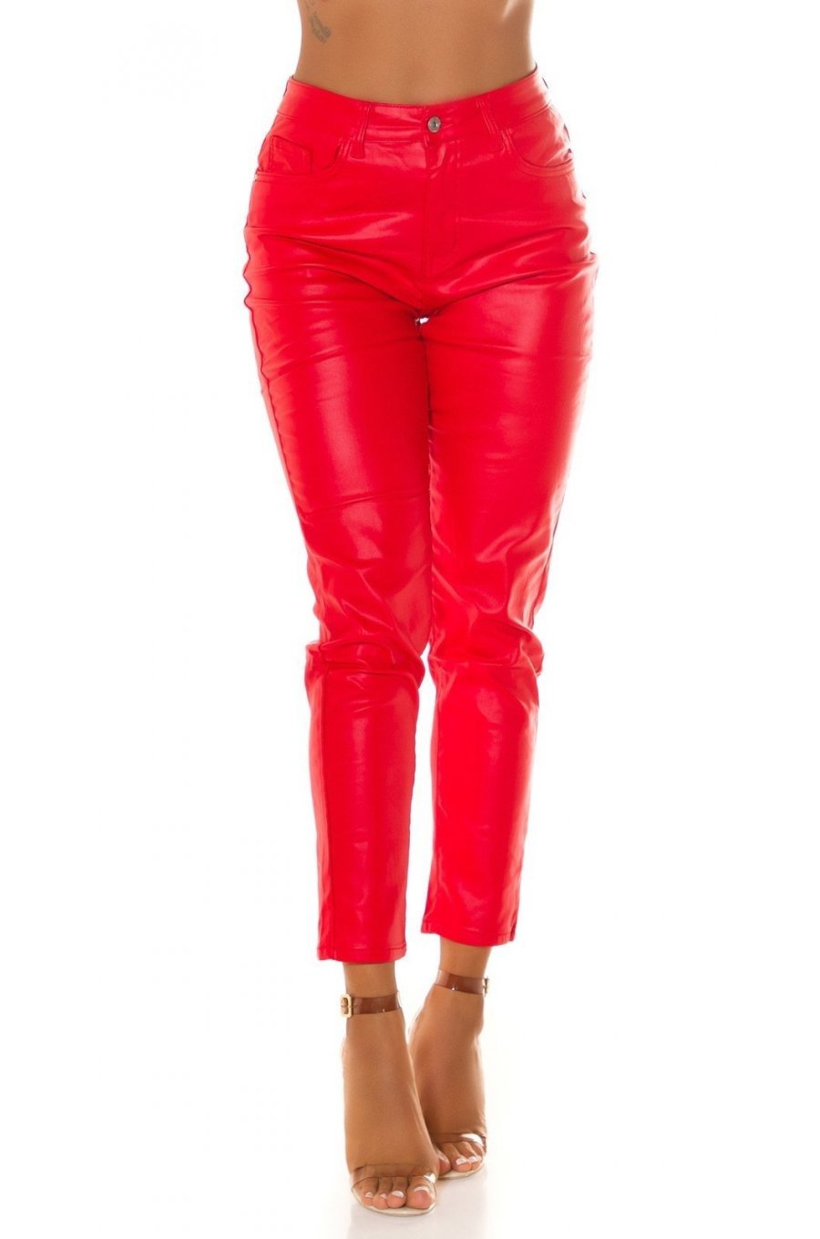 Blugi dama boyfriend, rosii, cu aspect de piele, cu talia inalta, Millena 1 - jojofashion.ro