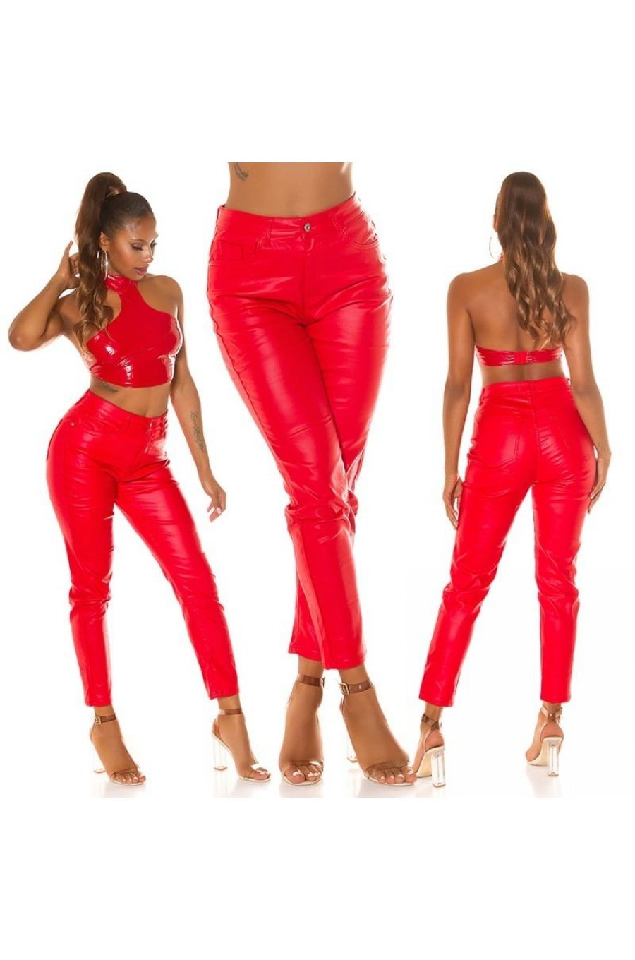 Blugi dama boyfriend, rosii, cu aspect de piele, cu talia inalta, Millena 9 - jojofashion.ro