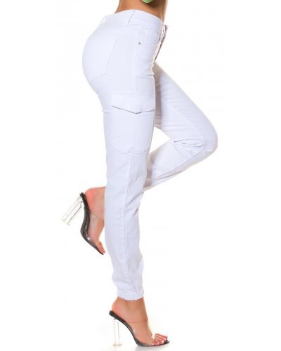 Blugi dama cargo albi, din bumbac, cu talia inalta, Amy Blugi dama, Blugi dama cargo albi, din bumbac, cu talia inalta, Amy - jojofashion.ro