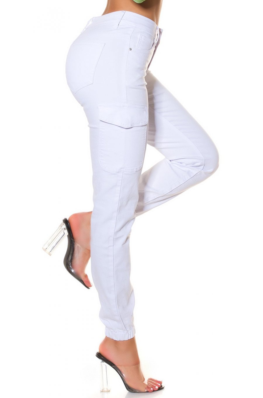Blugi dama cargo albi, din bumbac, cu talia inalta, Amy 1 - jojofashion.ro
