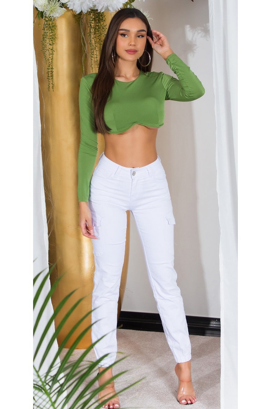 Blugi dama cargo albi, din bumbac, cu talia inalta, Amy 2 - jojofashion.ro