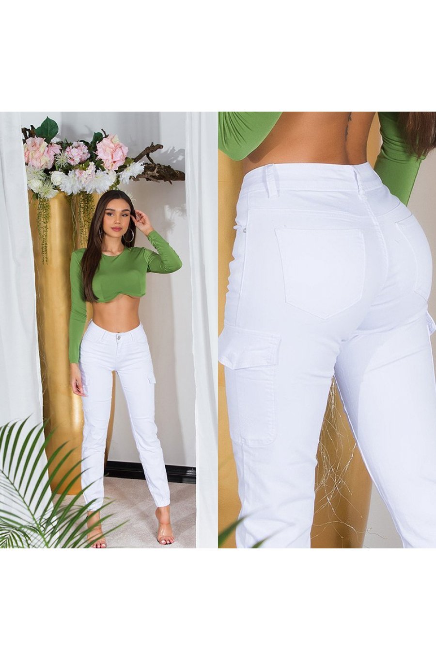 Blugi dama cargo albi, din bumbac, cu talia inalta, Amy 4 - jojofashion.ro