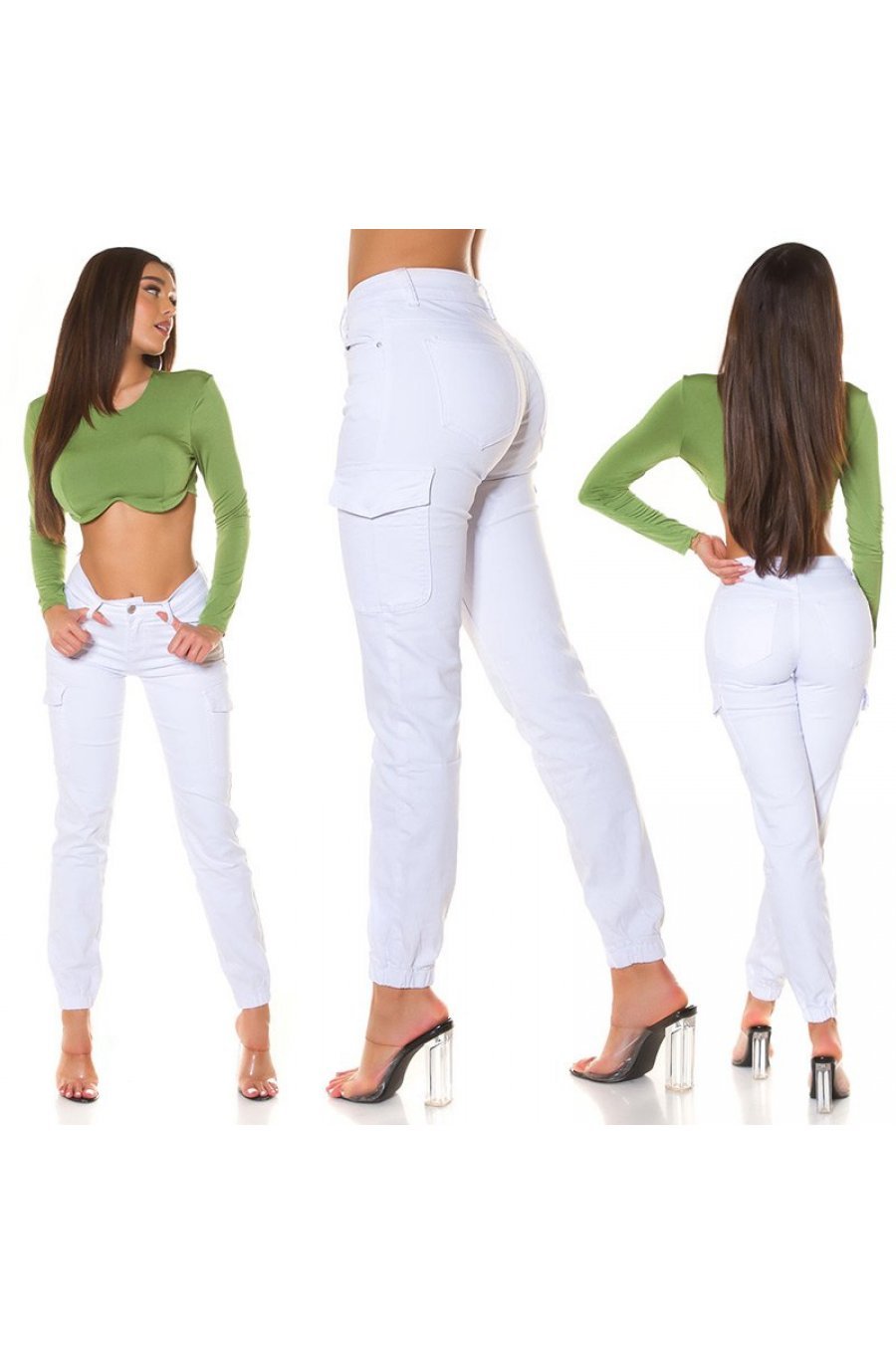 Blugi dama cargo albi, din bumbac, cu talia inalta, Amy 5 - jojofashion.ro