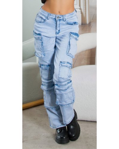 Blugi dama cargo bleu denim, cu talia inalta, Nergis - jojofashion.ro