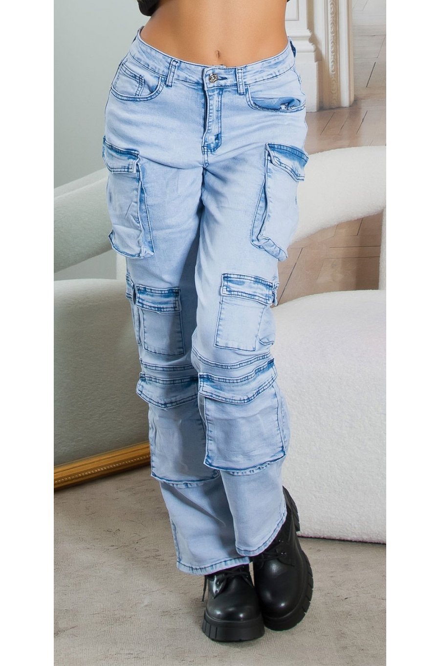 Blugi dama cargo bleu denim, cu talia inalta, Nergis Blugi dama cargo bleu denim, cu talia inalta, Nergis 1 - jojofashion.ro