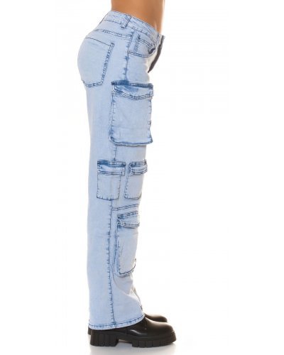 Blugi dama cargo bleu denim, cu talia inalta, Nergis - jojofashion.ro
