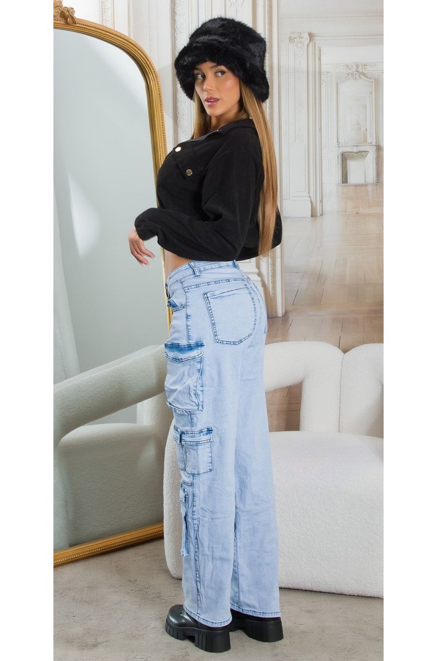 Blugi dama cargo bleu denim, cu talia inalta, Nergis Blugi dama cargo bleu denim, cu talia inalta, Nergis 4 - jojofashion.ro