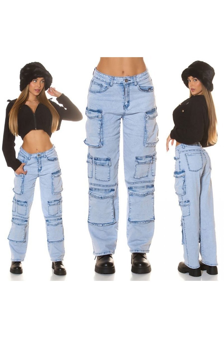 Blugi dama cargo bleu denim, cu talia inalta, Nergis Blugi dama cargo bleu denim, cu talia inalta, Nergis 6 - jojofashion.ro