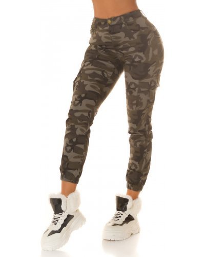 Blugi dama cargo, kaki, army print, din bumbac, Liudmila Blugi dama, Blugi dama cargo, kaki, army print, din bumbac, Liudmila - jojofashion.ro