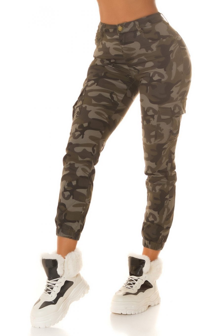 Blugi dama cargo, kaki, army print, din bumbac, Liudmila 1 - jojofashion.ro