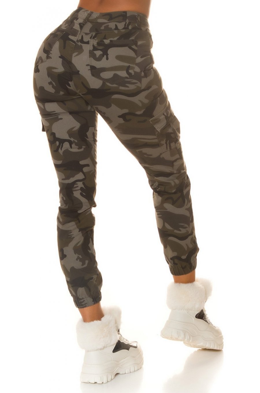 Blugi dama cargo, kaki, army print, din bumbac, Liudmila 2 - jojofashion.ro