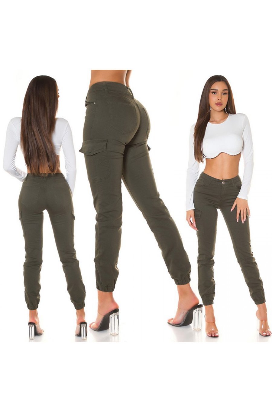 Blugi dama cargo kaki, din bumbac, cu talia inalta, Amy 5 - jojofashion.ro