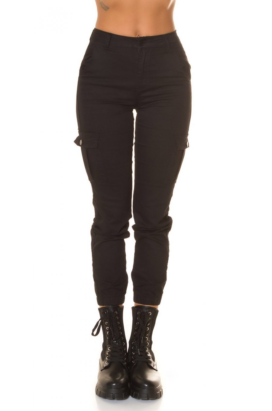 Blugi dama cargo, negri, din bumbac, cu buzunare si talie inalta, Steliana 1 - jojofashion.ro