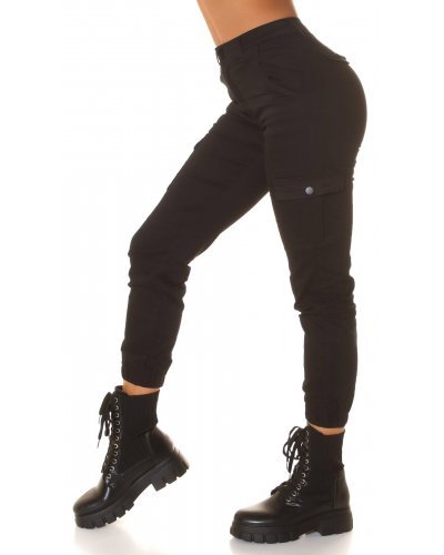 Blugi dama cargo, negri, din bumbac, cu buzunare si talie inalta, Steliana Blugi dama, Blugi dama cargo, negri, din bumbac, cu buzunare si talie inalta, Steliana - jojofashion.ro