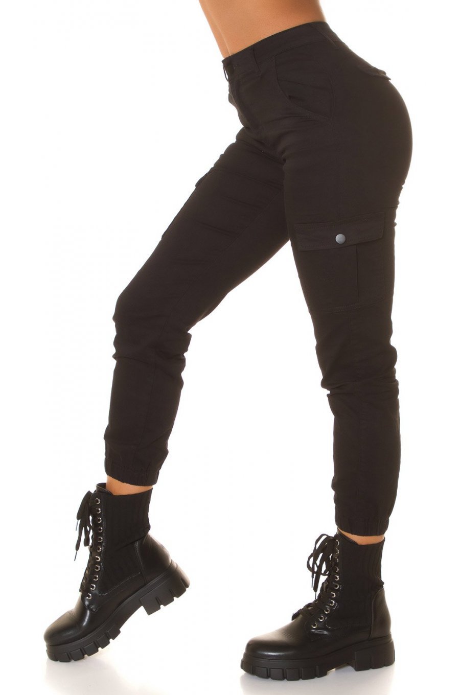Blugi dama cargo, negri, din bumbac, cu buzunare si talie inalta, Steliana 2 - jojofashion.ro